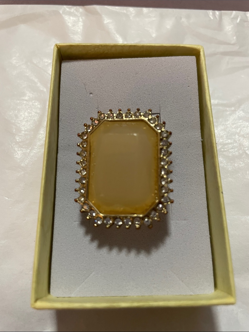 Gold-Tone Creamy Yellow Glass Center Ring with Crystal Halo